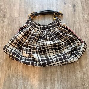 Y2K Tweed Hobo Shoulder Bag Brown Cream Boho Vintage Academic Style